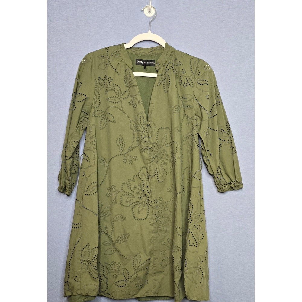 Zara Olive Green Eyelet Embroidered V Neck Button Front‎ Tunic Dress XS